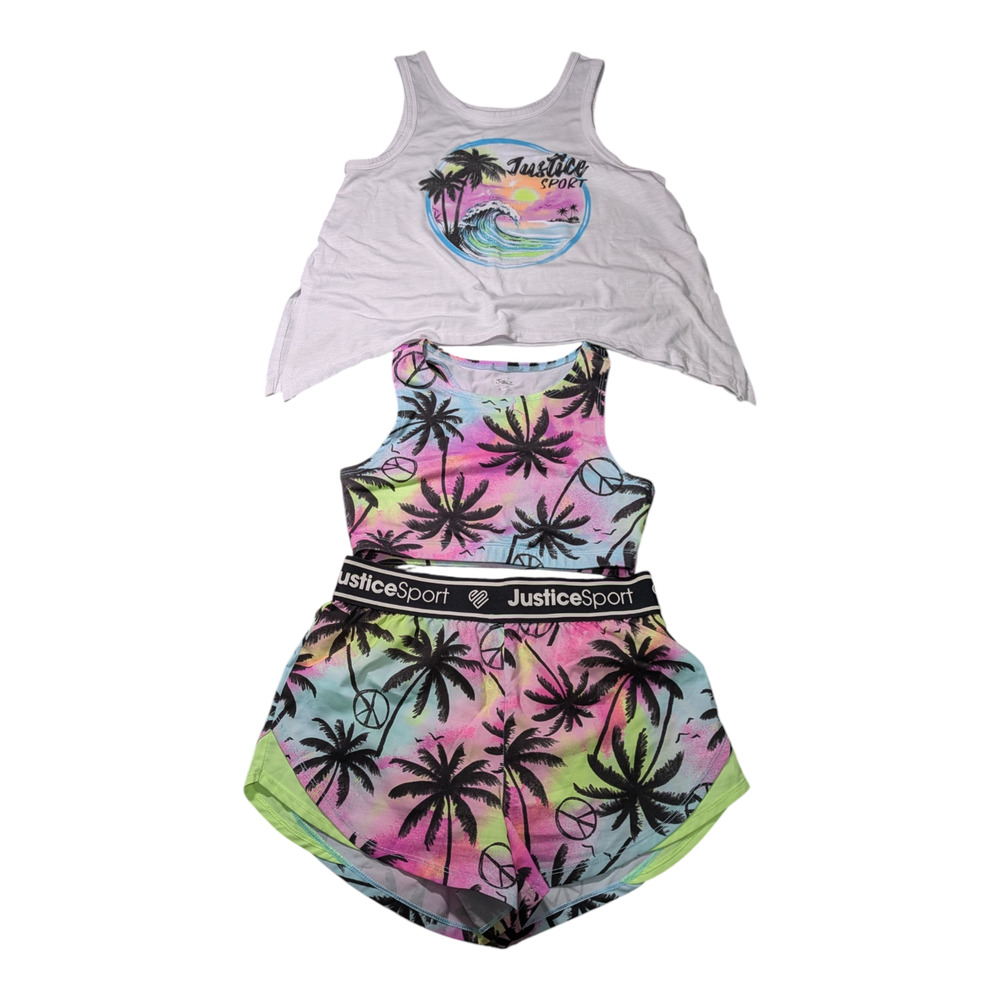 Justice 3pc Outfit Shorts Sports Bra And Over Shirt Athletic Style Size Med 10
